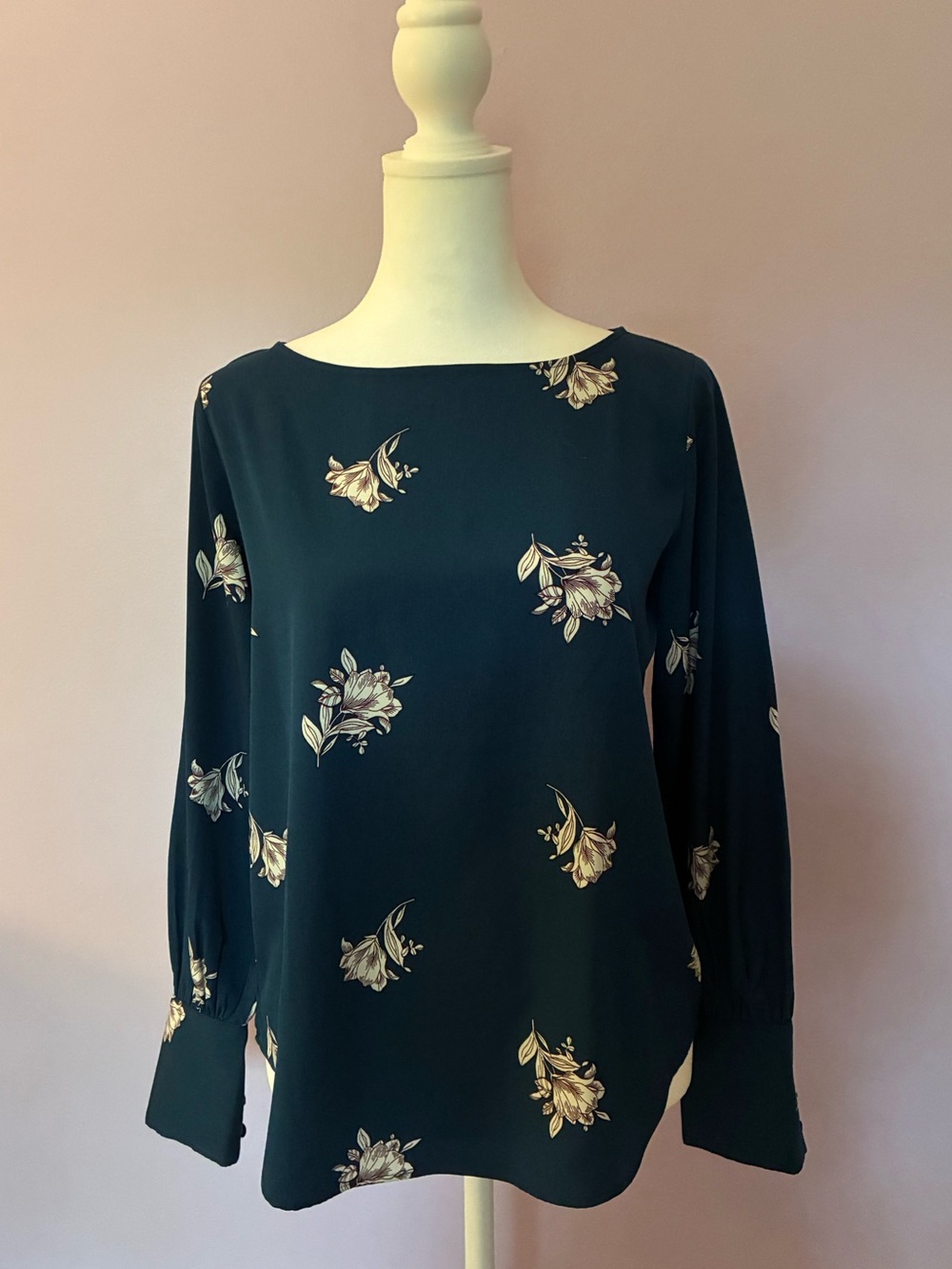 Dark Teal Floral Long-Sleeve Blouse